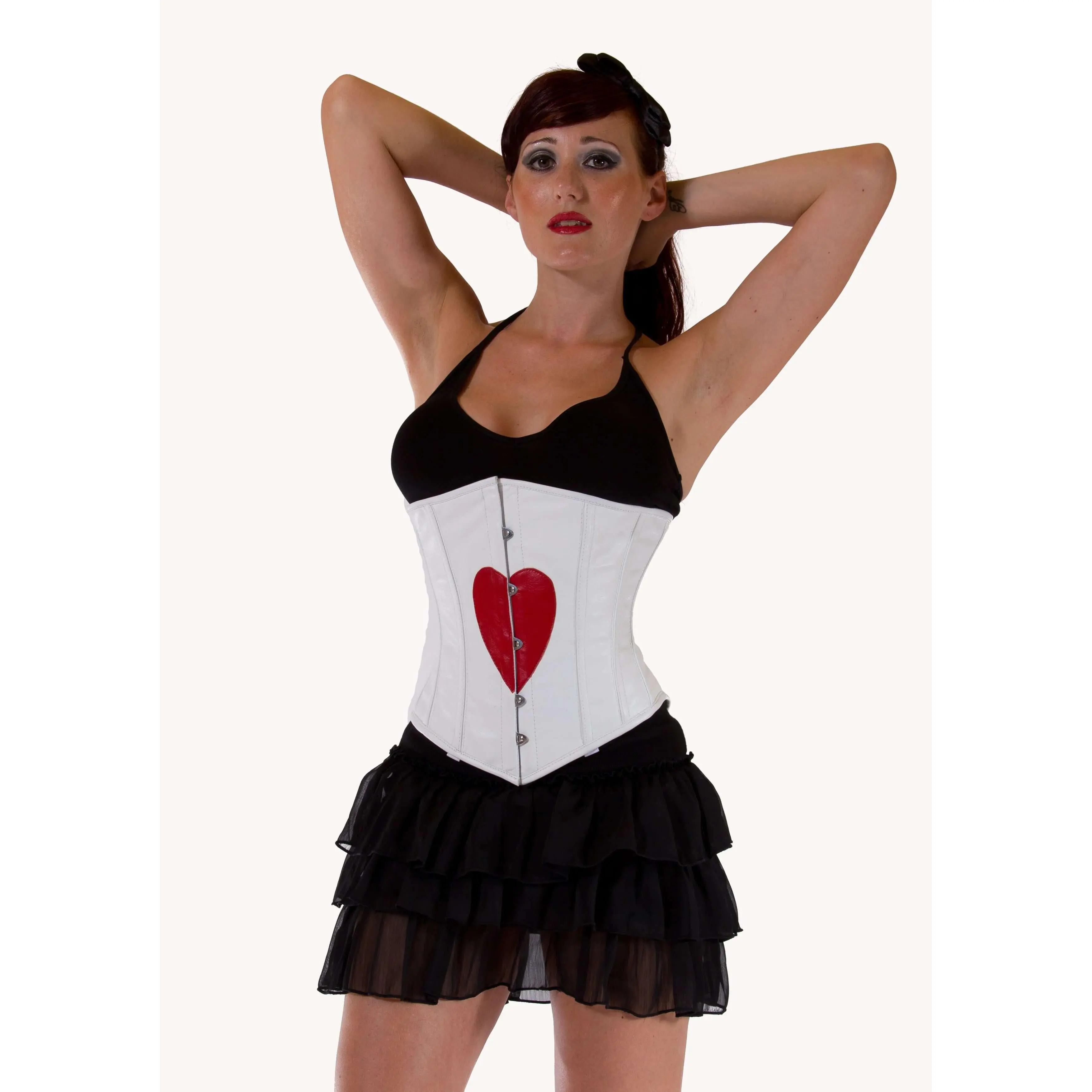 Women's Heart Corset Top - Real Leather Longline Under Bust Steel Boned Corset with Cord Lacing and Hip Gores, Womenswear