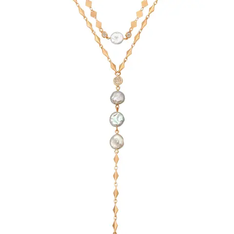 Ettika Dreamin’ Freshwater Pearl Lariat Necklace Set | 18K Gold Plated Layered Pearl Necklace | Elegant Summer Jewelry Gift for Women