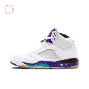 White Leather Upper High-Top Retro Basketball Shoes with Grape Purple and Teal Accents