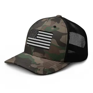 RIVEMUG NX Camo Blacken American Flag Embroidered Curved Bill Camouflage Trucker Hat Low Crown Adjustable USA Cap