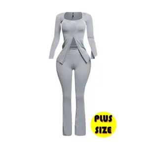 Plus Size Ribbed Pant Set With Slit Detail