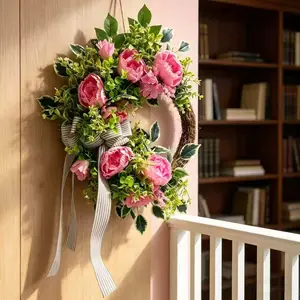 Peony Half Moon Artificial Wreath, Striped Bow and Leaves, Front Door Decor, Low Maintenance, Rustic Farmhouse Style, All Seasons