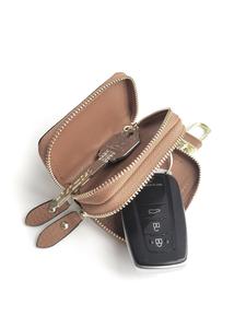 minimalist portable solid color car key case, double layer zipper car key wallet, car key protector for women & men