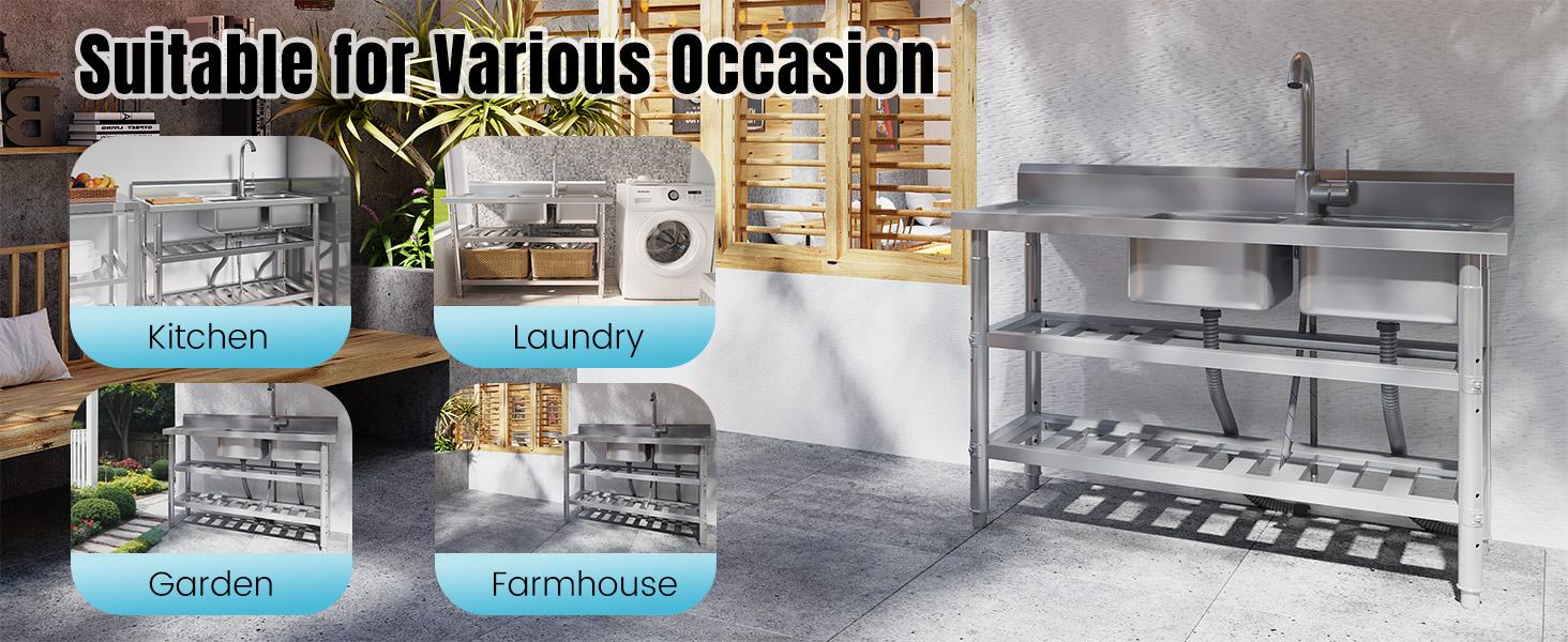Stainless Steel Utility Sink, Freestanding Outdoor Sink Station with Hose Hookup, Small Tub for Garage, Laundry, Kitchen, Farmhouse Stainless Steel Utility Sink, Freestanding Outdoor Sink Station with Hose Hookup, Small Tub for Garage, Laundry, Kitchen, Farmhouse