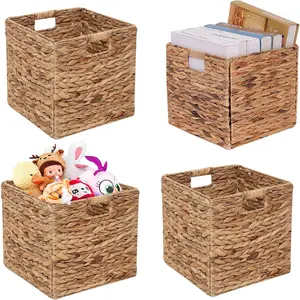 Storage Baskets Wicker Cube Baskets Foldable Handwoven Water Hyacinth Laundry Organizer,Cube Storage Baskets,Set of 4 pcs Baskets-11x11x11inch