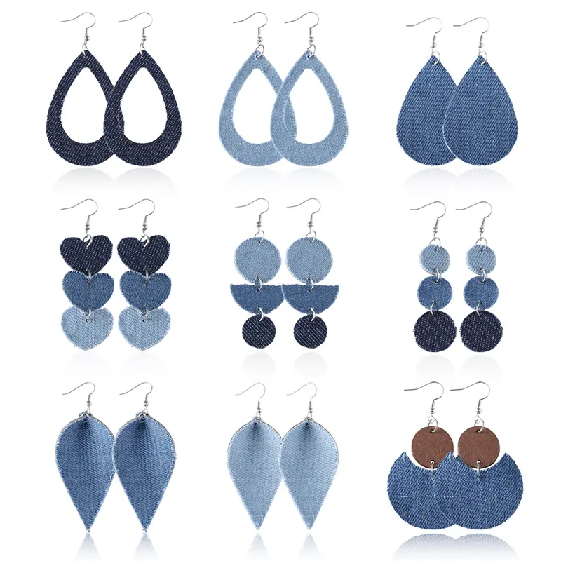 9 Pairs Women's Blue Earring Set Bohemian Round Half-circle Crescent Heart Drop Geometric Denim Leather Drop Earrings Vintage Denim Boho Western Earrings Set Gift