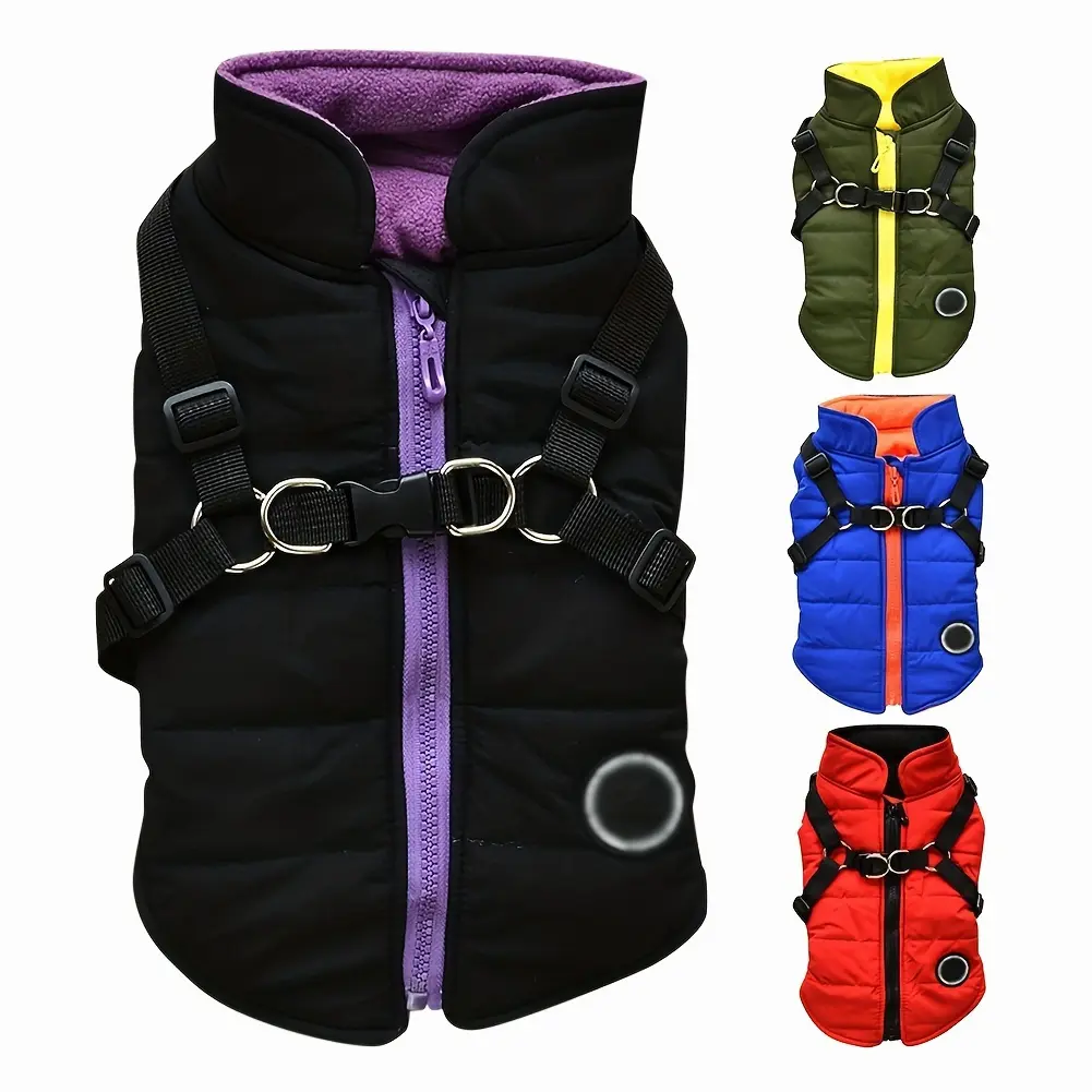 OCHAPA Adjustable Winter Dog Jacket with Harness, Warm & Comfortable Coat for Small to Large Dogs (XS-XXL), 4 Colors - Red/Blue/Green/Black, Zipper Closure, Polyester
