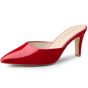 BLISSFUL STEP Pointed Toe Stiletto Heels Slide Mules Red