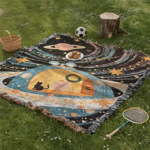 Multi Purpose Picnic Mat Yarn Woven with Tassel: Cosmic Planets Pattern, Soft and Breathable, Suitable for Travel Camping Lawns Weddings Concerts. Indoor Bohemian Decoration Machine Washed and Used As Bed Blanket Sofa Towel Tablecloth Tapestry