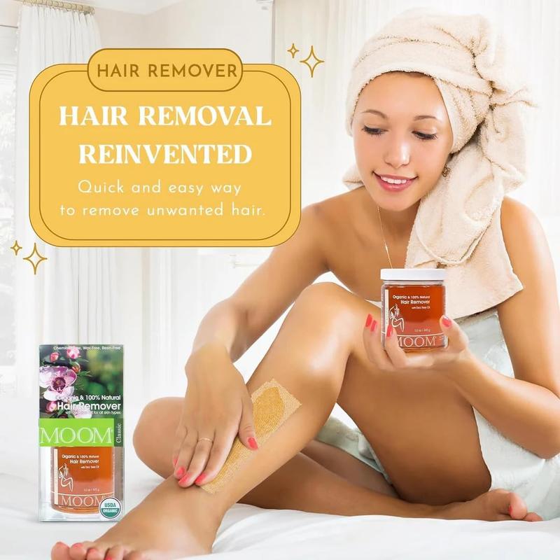 MOOM Organic Sugar Wax with Tea Tree Oil (12 oz) + 48 Reusable Polycotton Waxing Strips – Gentle Hair Removal Kit for Face, Bikini, Legs & Body – Natural & Vegan for Women & Men (Sticks NOT Included)