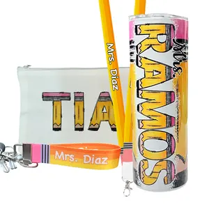 Teacher Gift Set Bundle - Custom Pencil Name Tumbler, Lanyard, Keychain, Personalized Bottle Drinkware Tumbler for Students and Teacher Bottle Drinkware