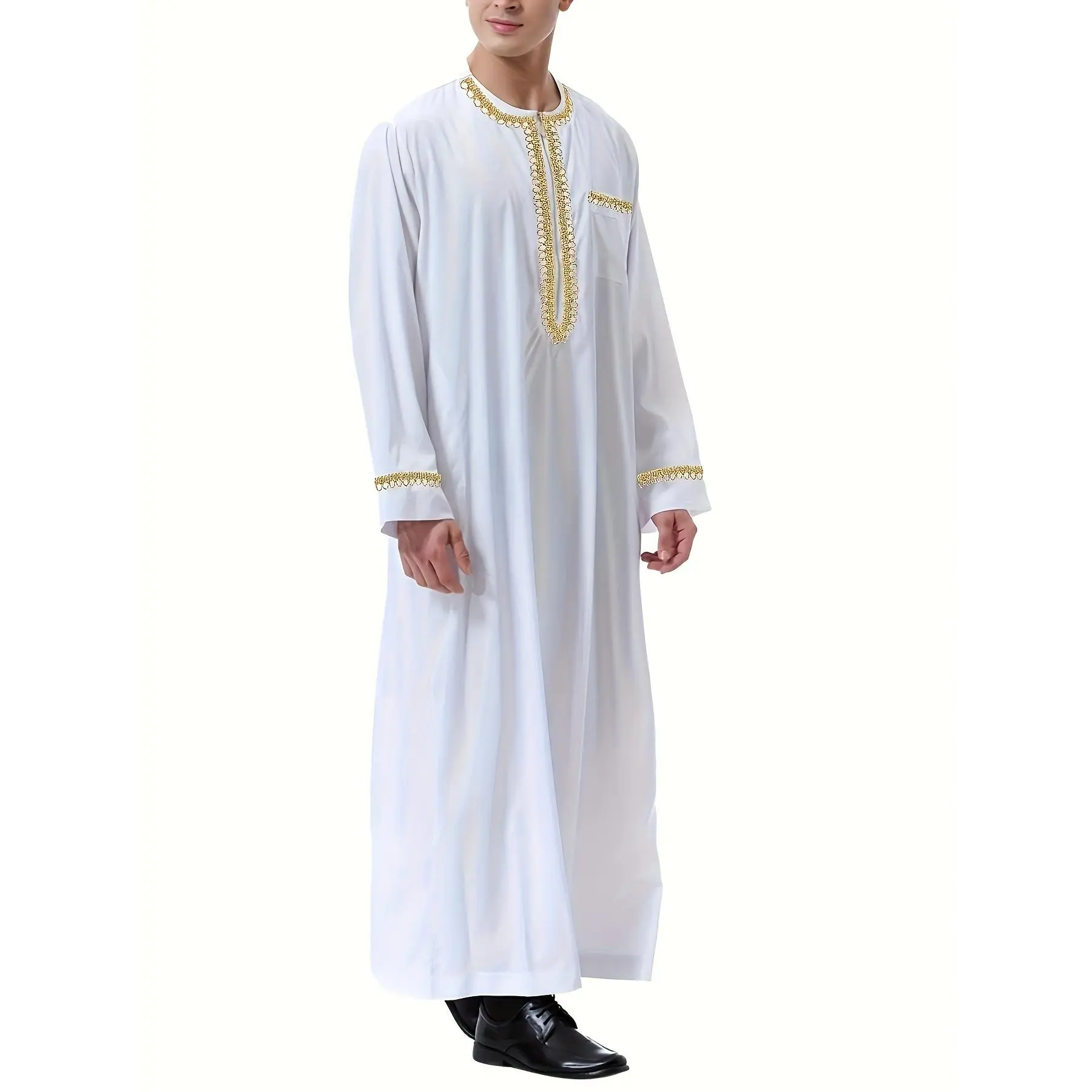 Men's Robe Set, Casual Solid Woven Polyester Thobe, Loose-Fit Crew Neck Kaftan for Eid Festivals, All-Season Wear, M, Opaque