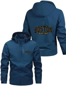 Men's Lightweight Polyester Fashion Hooded Jacket, Boston Print, Full Zipper Front, Casual Outdoor Spring Summer Coat