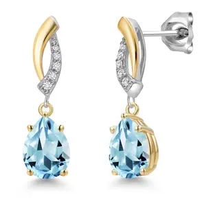 Gem Stone King 925 Silver and 10K Yellow Gold 8X6MM Pear Shape Gemstone Birthstone and White Lab Grown Diamond Teardrop Dangle Earrings for Women