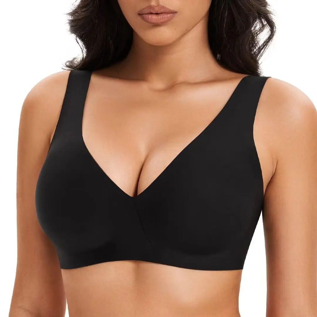 Wingslove Women's Deep V Wireless Bra Smooth Seamless Full Coverage Bra for Women No Underwire Plunge Sleep Bra