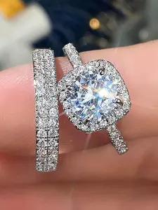 Engagement Jewelry, 2pcs Sparkling Silver Tone Stone Wedding Ring Set for Women, Elegant style Zinc Alloy for Holiday, Daily Wear, Birthday Gift, Valentine, Christmas, Mother's Day