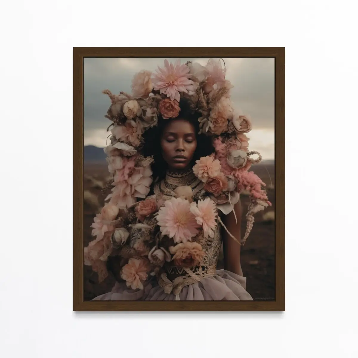 Black Woman Floral Crown Wall Art – Boho African American Portrait Poster, Modern Black Girl Print, Room Decor, Unframed