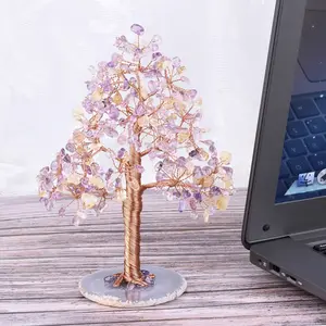 MollyGems Amethyst and Citrine Crystal Tree of Life with Geode Agate Slices Base Handmade Crystal Home Office Decor Birthday Gift Idea For Her
