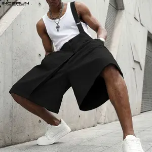 INCERUN Men's Sleeveless Plain Grunge Streetwear Aesthetic Strap Overalls - Casual Drop-Crotch Fit Suspender Shorts