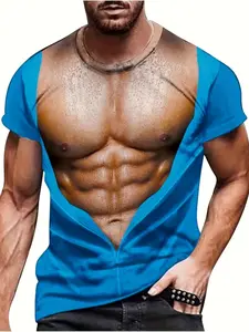 Men's Sport Outdoor Blue Muscle Pattern Printed Short Sleeve Summer Top, gym workout shirt Casual Fitted Long Clothing for All Seasons