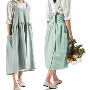 Cotton Linen Cross Back Apron for Women with Pockets for Cooking Gardening Turquoise without Waist Ties