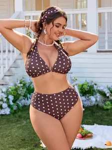 NAVALORA Plus Size Women's 2pcs Coffee Polka Dot Print Bikini Set, Two Pieces Swimsuit, Casual Holiday Style