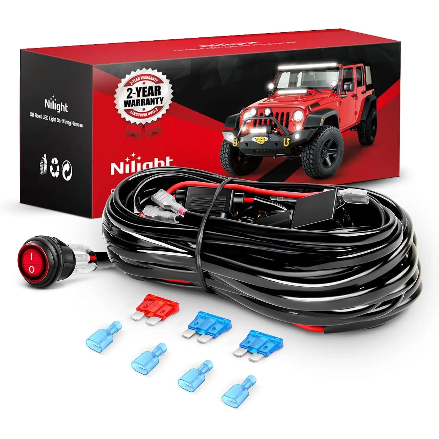 Nilight Lightbar Wiring Harness Kit - 15ft 16AWG Wire, 2 Leads, 12V Compatible, On-Off Switch, Power Relay, Blade Fuse for Off-Road Carlights