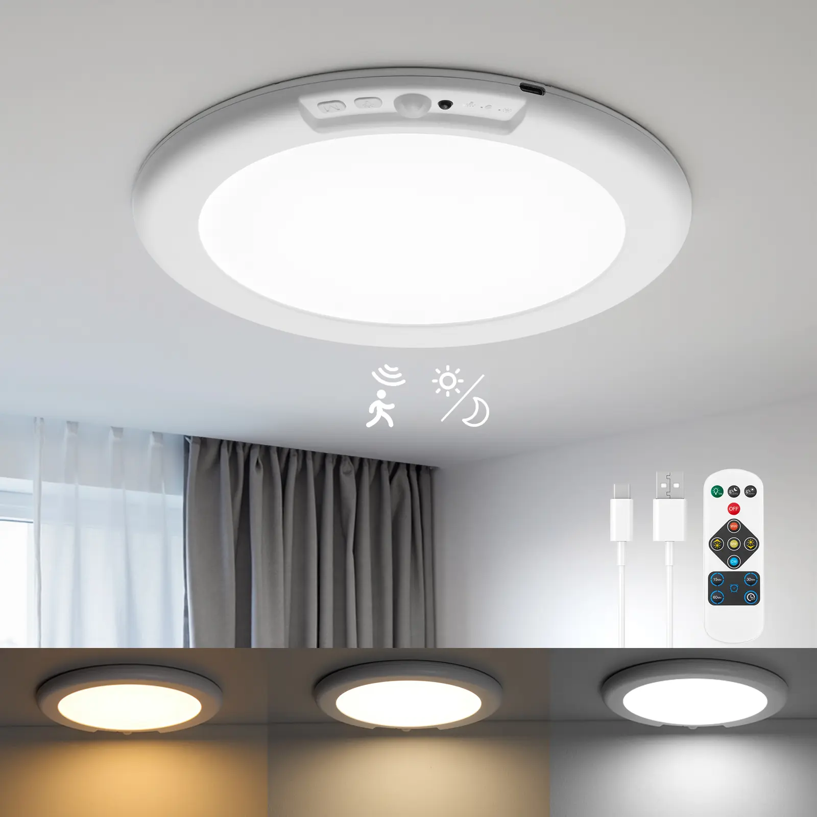 Wowatt Wireless Motion Sensor LED Ceiling Light, 7.48in Rechargeable Magnetic Light with Remote, IP44-Waterproof, 3-Color Dimmable for Closet, Shower etc.