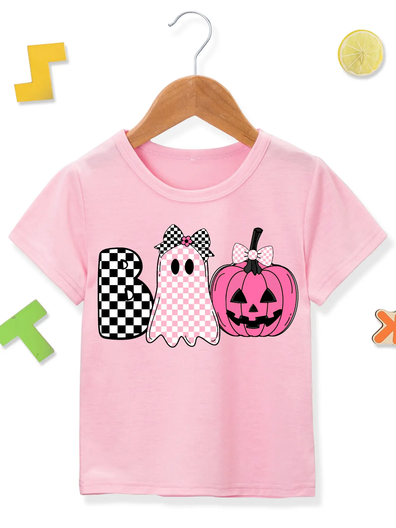 PUEMCO Little Girls' Fitted Preppy Pink Cotton Short-Sleeve T-Shirt - Breathable, Boo Checkered Ghost, Bow Detail, Letters, Pink Pumpkin Halloween Graphic Casual Summer Top