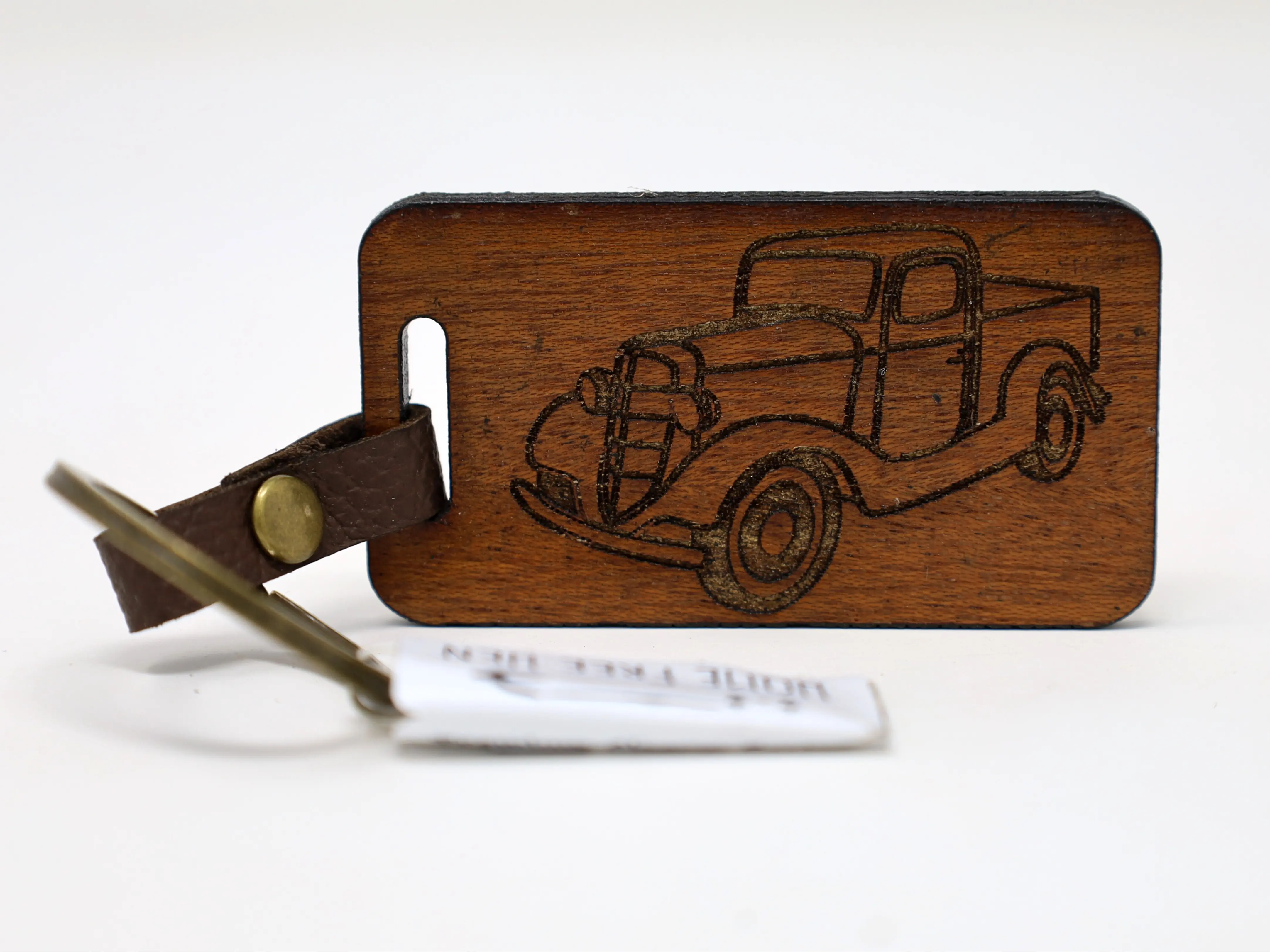 Keychain Charm - Wooden w/Real Leather Strap - Car Design