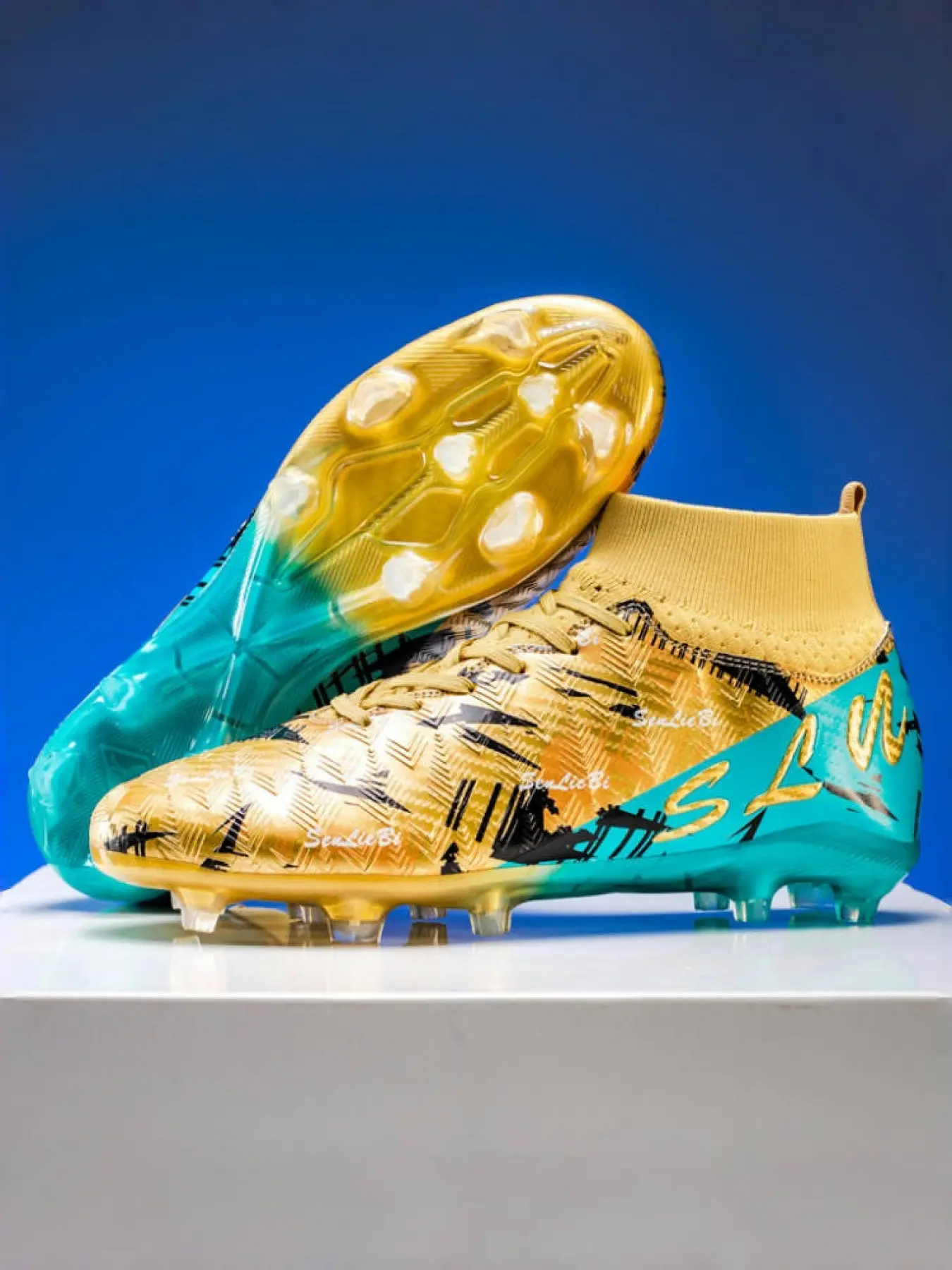 Parent - Child Gold - Blue Long - Studded Football Shoes, Soccer Cleats, Soccer Boots, Sports Competitive Style, Wear - Resistant Synthetic Material, Long Studs for Grip, Comfortable on Feet, Ideal for Parent - Child Football & Professional Training