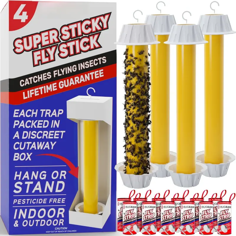 Fly Stick Sticky Fly Traps for Indoors Outdoor 4pk with 12 Ribbons.Non-Toxic Super Sticky Hanging Flies Catcher Paper Tape Strips for Home