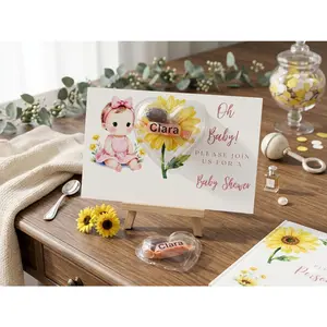 Personalized Sunflower Baby Shower Invitations | Custom Heart Candy Dome Favor Card for Girl Baby Shower & Boho Party