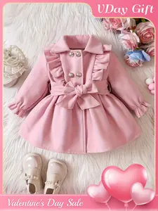 Baby girl's cute winter ruffled lapel double breasted coat, baby girl's cute and fashionable versatile coat, suitable for outdoor wear, Valentine's Day gift