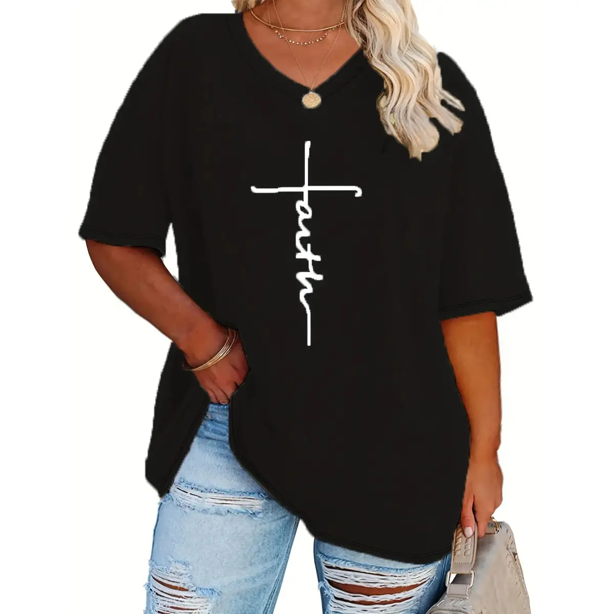 Women's Plus Size Short Sleeve V-Neck Casual T-Shirt - Spandex Fabric with Leather Accents, Seamless Solid Graphic Top for Pairing with Jeans, Skirt