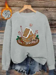 Women's Christmas Gingerbread House Print Sweater, Long Sleeve Round Neck Pullover, Soft Elastic Fabric, Casual Fall & Winter Top