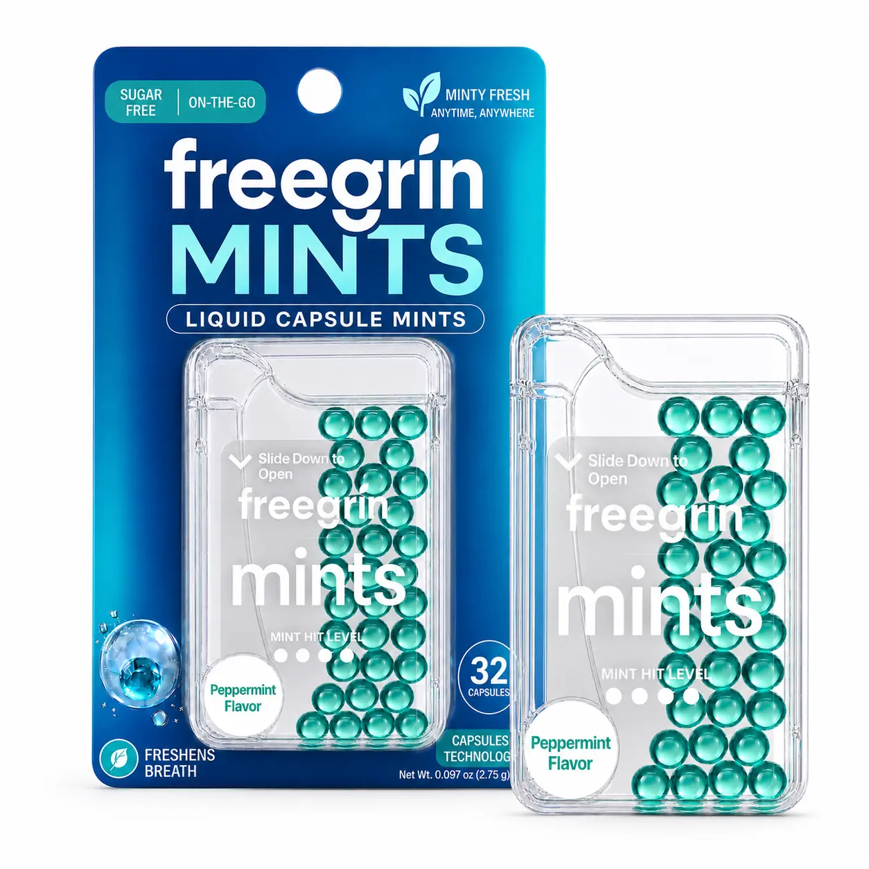 freegrin Liquid-Filled Breath Mints, 32 Count, Sugar-Free 0-Calorie Long-Lasting Oral Freshener for Adults, Mint & Strawberry Flavors