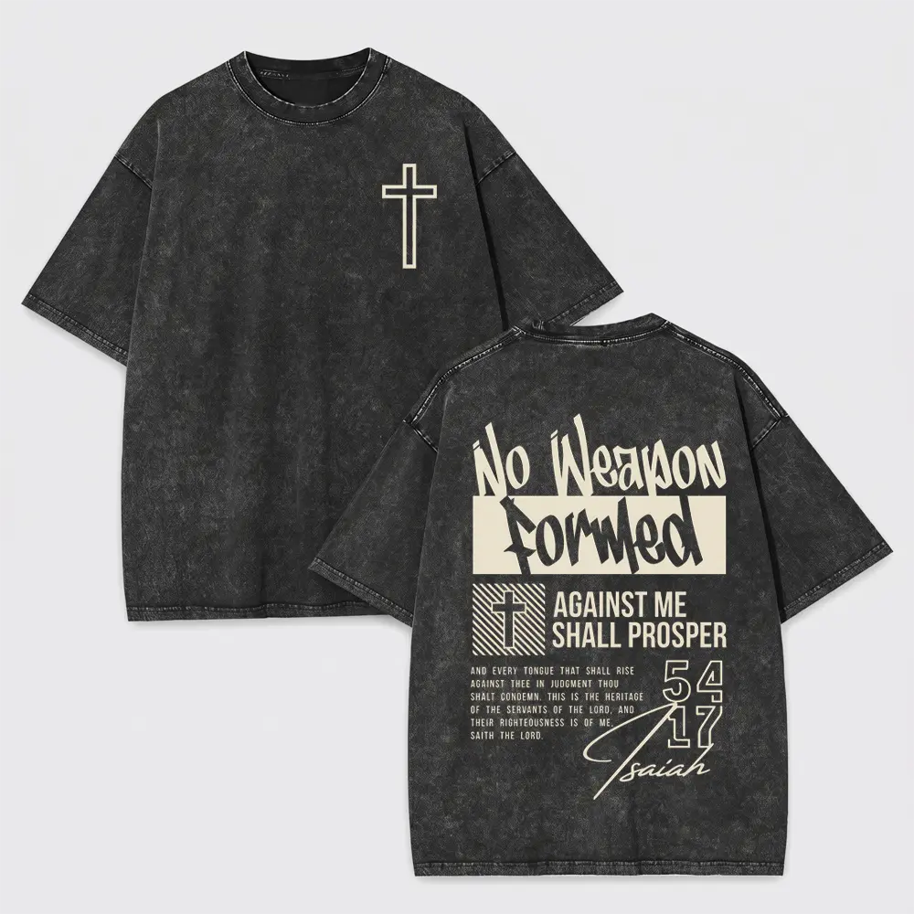 Isaiah 54:17 No Weapon Formed Graphic Tee | Premium Vintage Acid Wash Oversized T-Shirt for Men | 100% Cotton Drop Shoulder Short Sleeve Top | Christian Faith Streetwear Perfect for Church, Gym, or Casual Everyday Wear