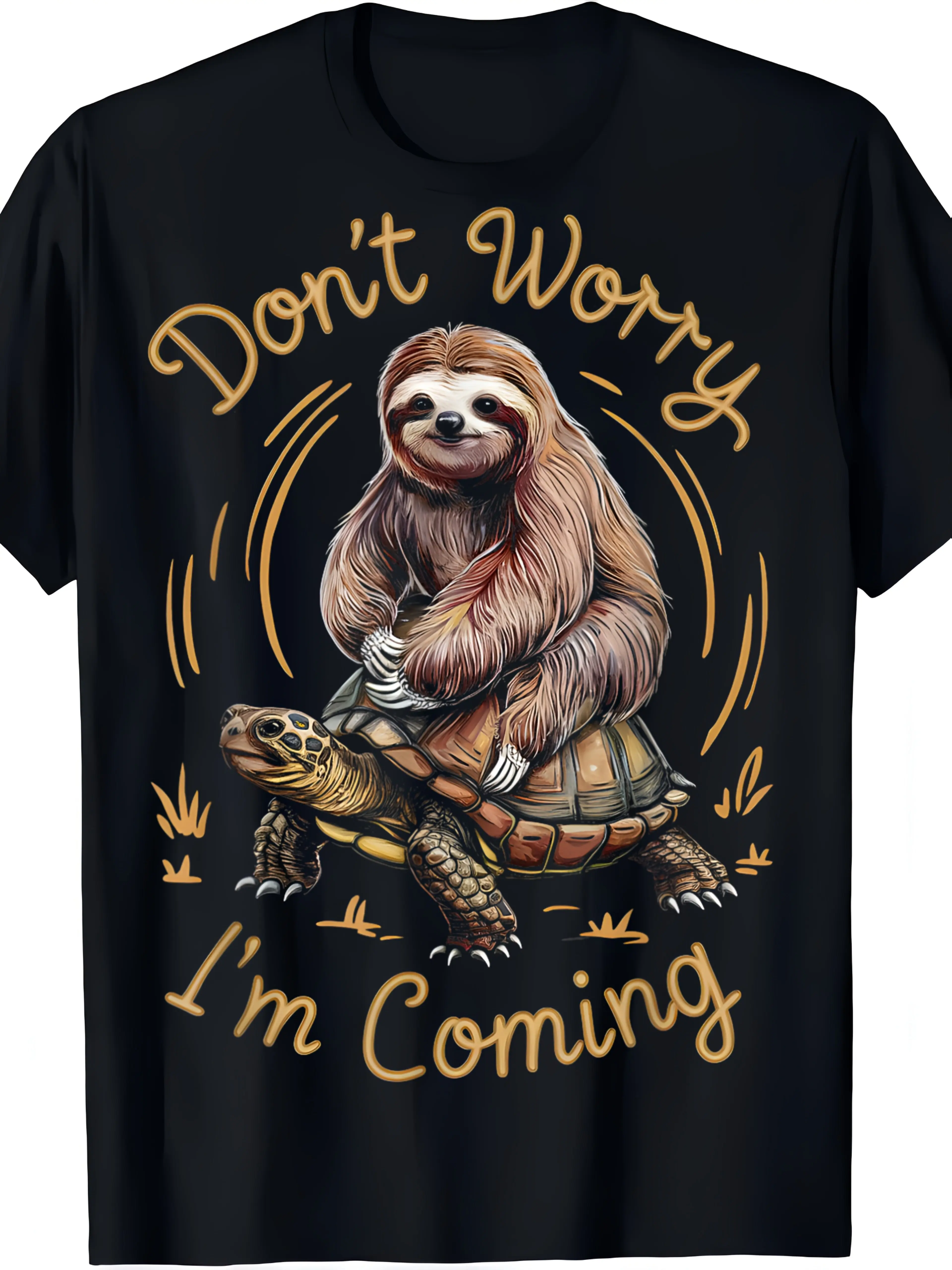 Humorous "No Need to Stress, l'M Coming" Sloth And Turtle Graphic Tee -Comfortable Unisex Black Shirt, Featuring a Sloth on a Turtle Design, ldeal for Everyday Use And Travel Short Sleeve Crew Neck, Great for Both Men And Women