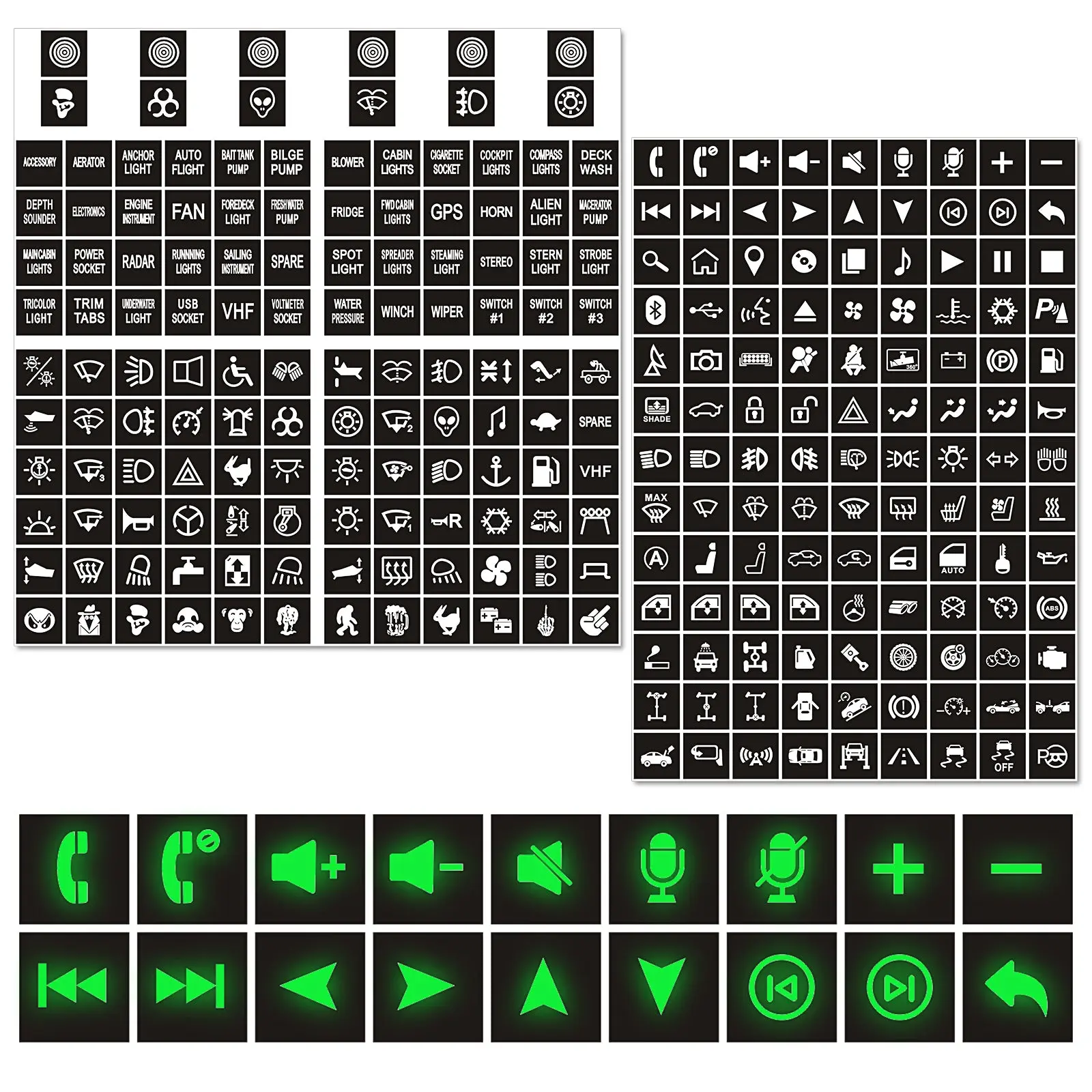 Nilight 249PCS Night Glow Rocker Switch Panel Stickers, DIY Luminous Pattern Text Labels for Dark Toggles, Car Accessories for Dashboard, Boat, RV, Truck