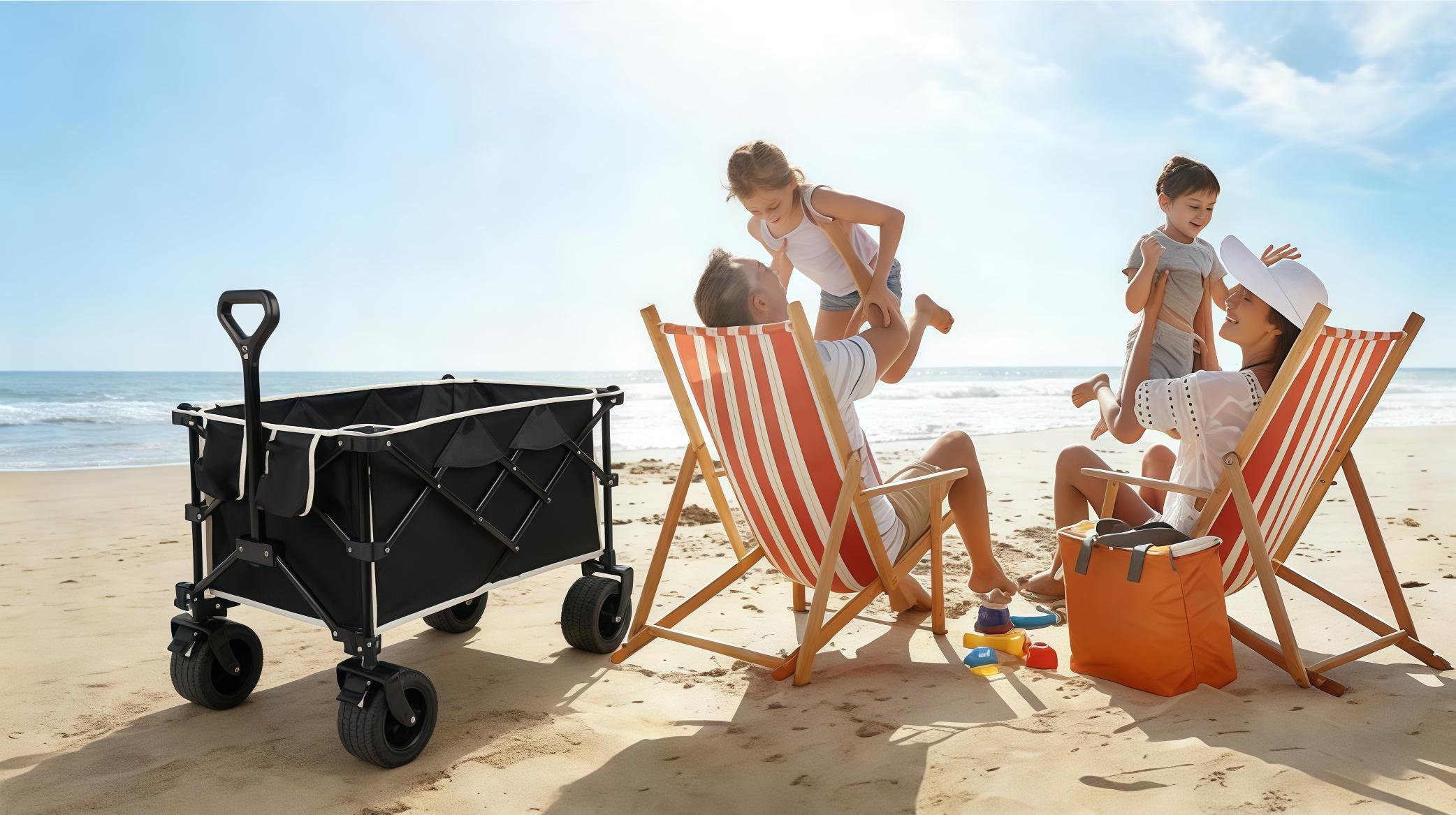 Extra Long Beach Cart with All Terrain Large Capacity Portable Utility,330lbs Capacity,Lightweight Portable Utility Folding Wagon Cart Foldable Utility Cart with Durable Steel Frame & Black Oxford Fabric for Shopping Camping Sports Garden