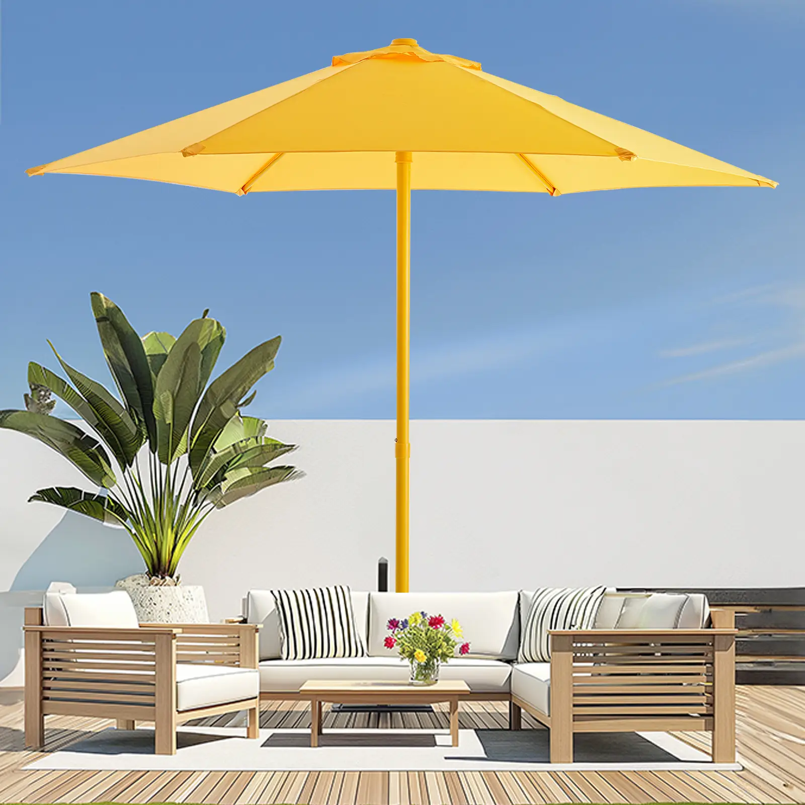 【Dreamy And Fresh】HOMSHADE HY11P 7.5ft/9ft Outdoor 1S Push-Up Patio Umbrella - Market Table Pool Deck Umbrella UPF50+ UV Protection with 6 Sturdy Ribs