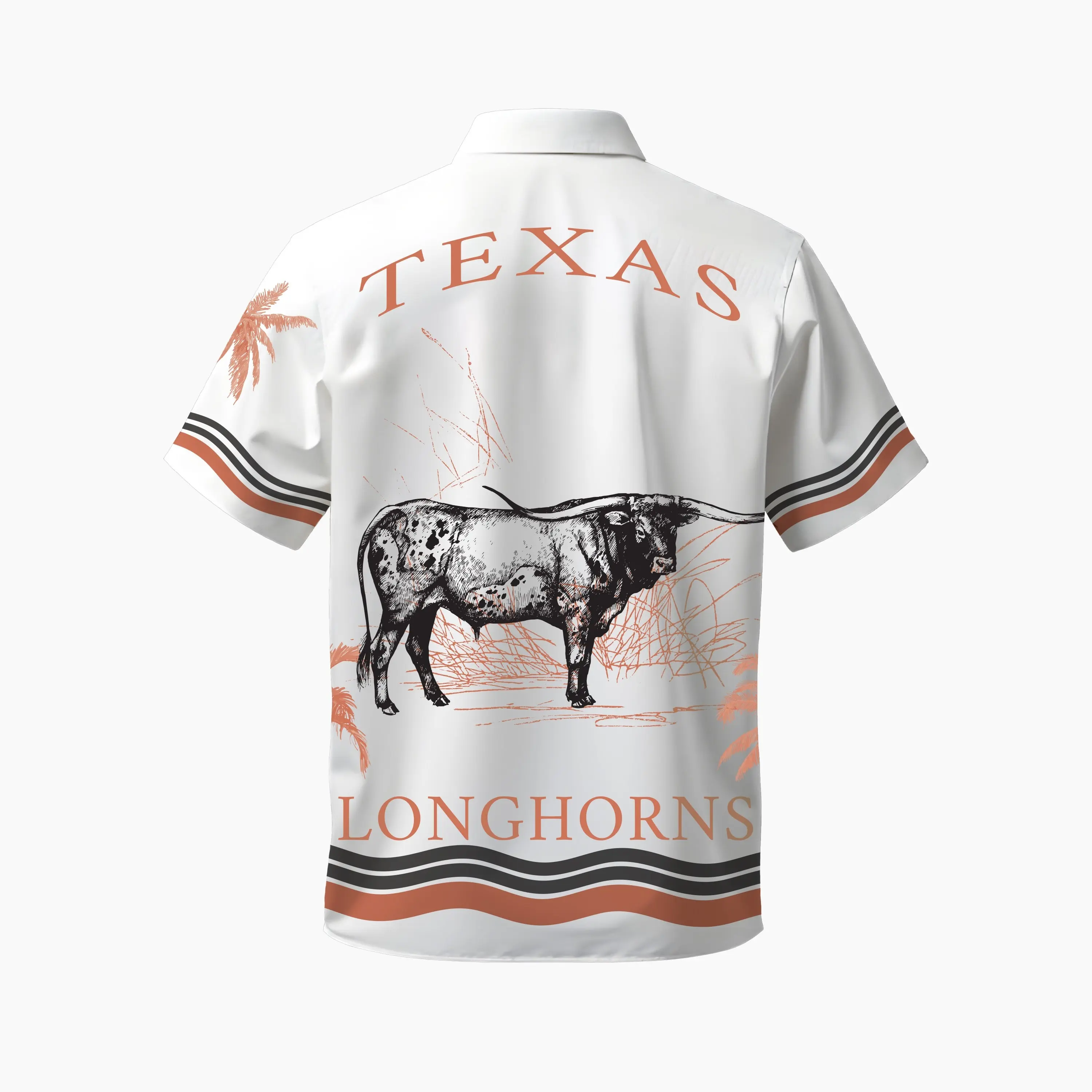 Texas Longhorns Men's Tropical Cabana Button-Up Shirt - Short Sleeve Casual Collared Top with Longhorn & Palm Tree Graphic, Shortsleeve