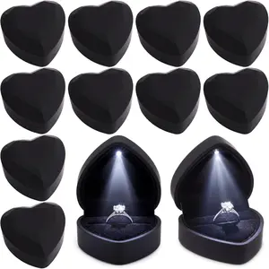 10 count Heart Shaped Ring Box Bulk with LED Light Engagement Ring Necklace Bracelet Chain Display  Box Lighted Black   Case for Wedding Proposal Anniversary