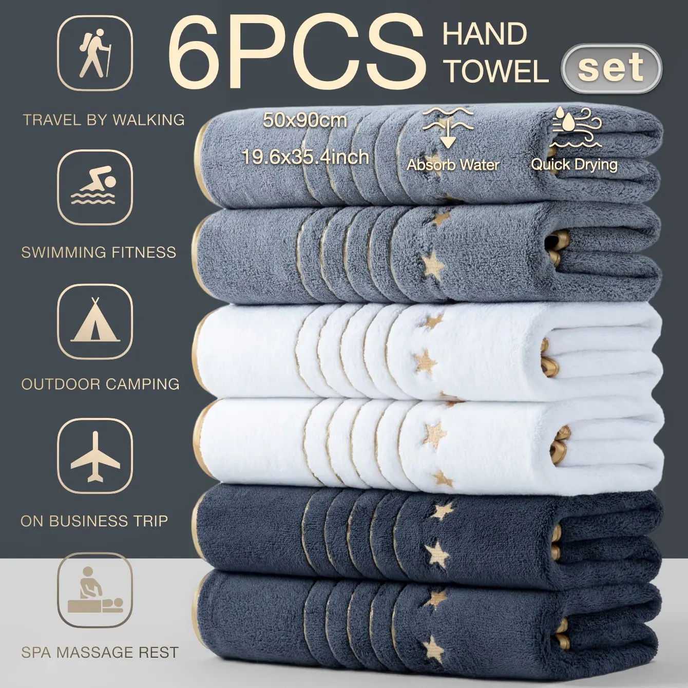 Luxury Gold Trimmed Embroidered Bath Towels Set, 6 Pack Extra Large Soft Absorbent Microfiber, Water Absorbent Towel, Ideal for Home Camping Hotel School Factory, Travel Towels