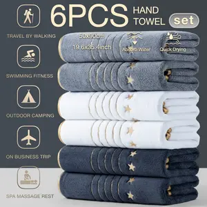 Luxury Gold Trimmed Embroidered Bath Towels Set, 6 Pack Extra Large Soft Absorbent Microfiber, Water Absorbent Towel, Ideal for Home Camping Hotel School Factory, Travel Towels