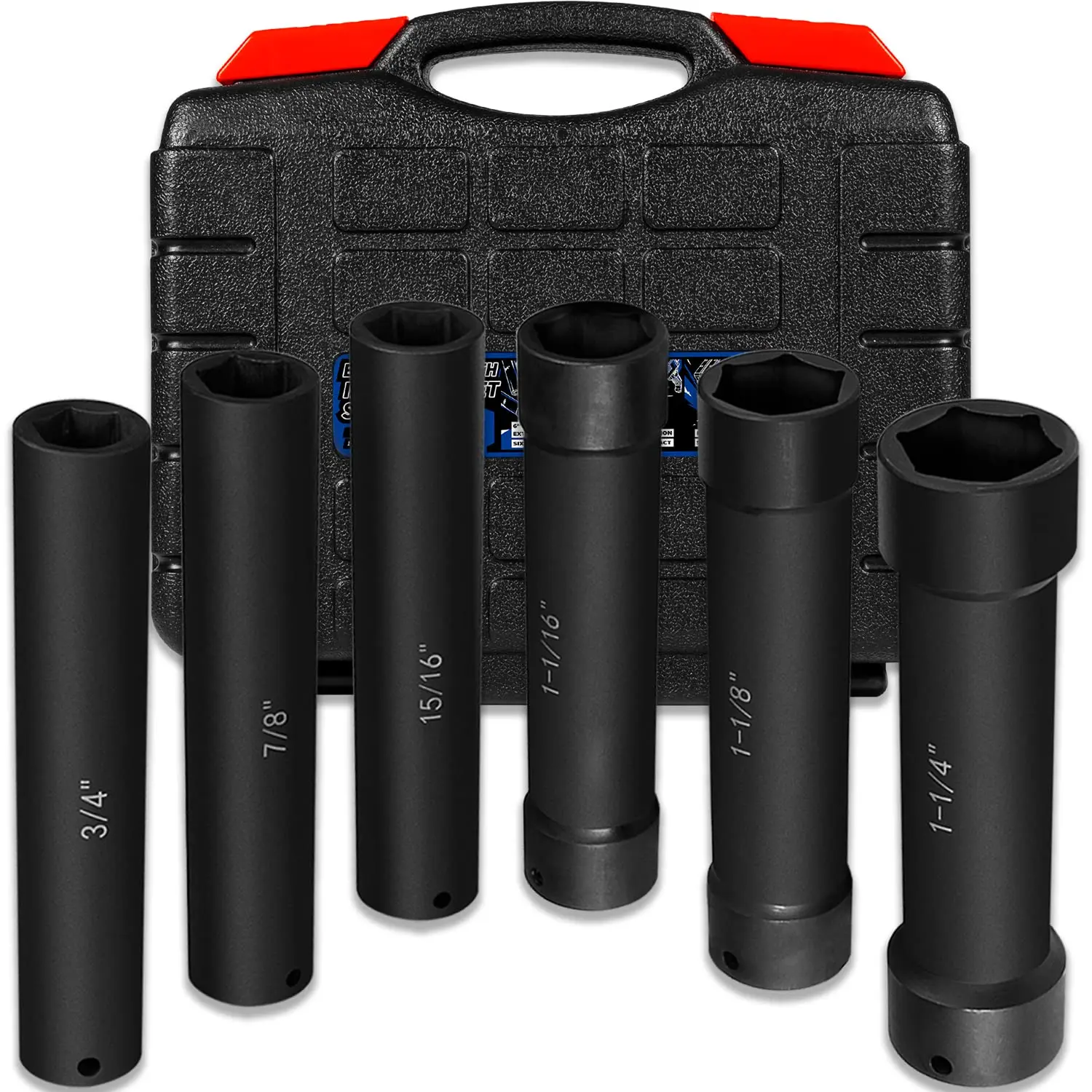 1/2 Inch Drive Extended Length Impact Socket Set - 6 Piece Extra Deep Hex Size 3/4"  7/8" 15/16" 1-1/16" 1-1/8" 1-1/4" Heavy Duty With Storage Case For High Torque Use