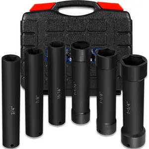 1/2 Inch Drive Extended Length Impact Socket Set - 6 Piece Extra Deep Hex Size 3/4"  7/8" 15/16" 1-1/16" 1-1/8" 1-1/4" Heavy Duty With Storage Case For High Torque Use