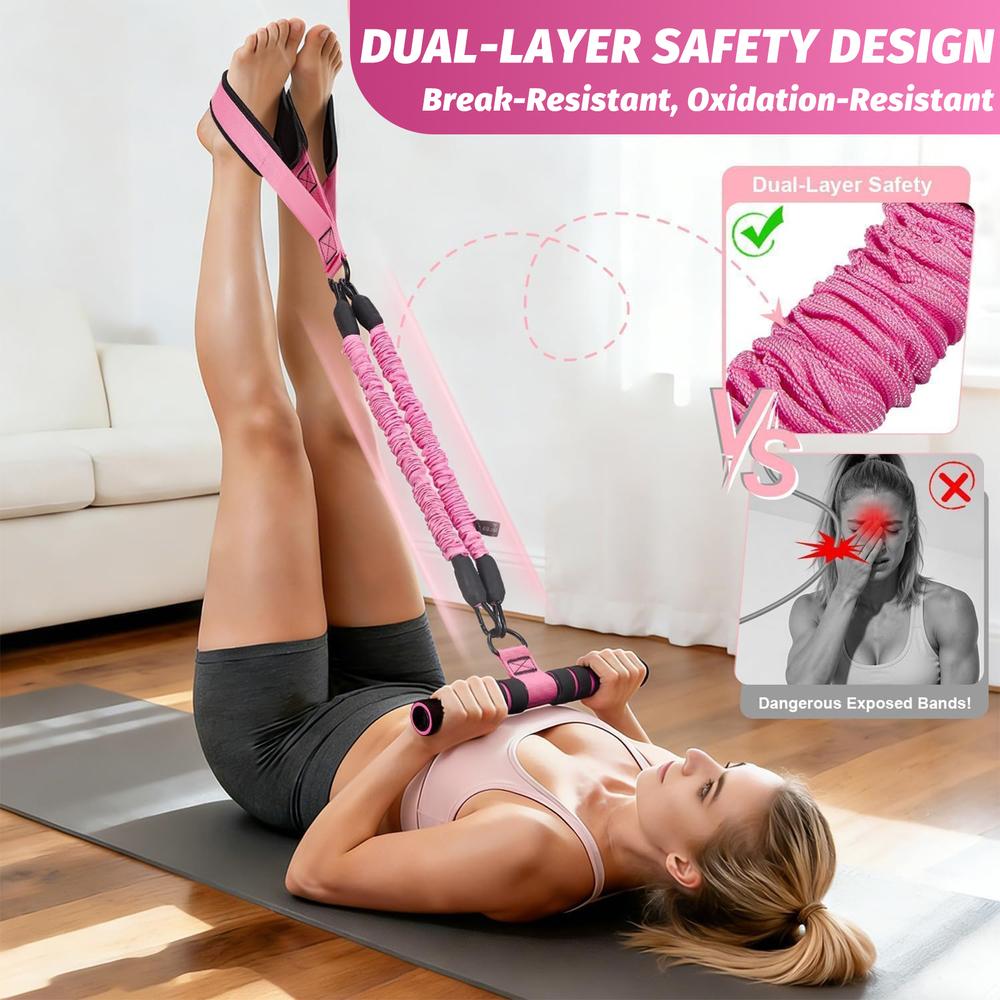 T-Handle Foot Pedal Pull Rope Set, pink tough latex tubes with adjustable foot straps, drawstring pouch included, beginner sports equipment, home repetitive drills outdoor leisure walking neighborhood group training gear