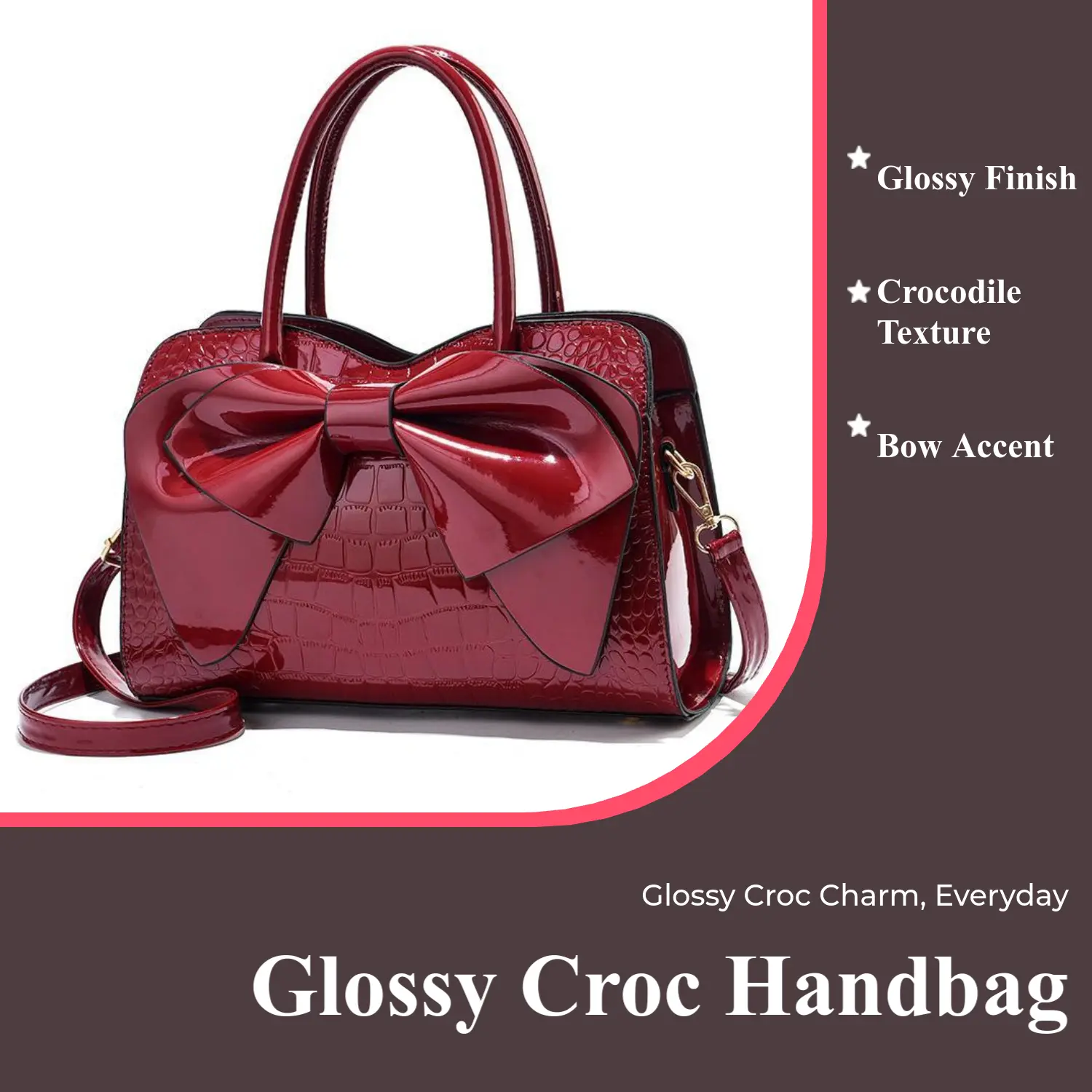 Stylish Large Capacity: Stylish large-capacity women’s handbag with a glossy finish, BO accent, and crocodile texture — black handbag for commuting and everyday use,back to school,back to school haul